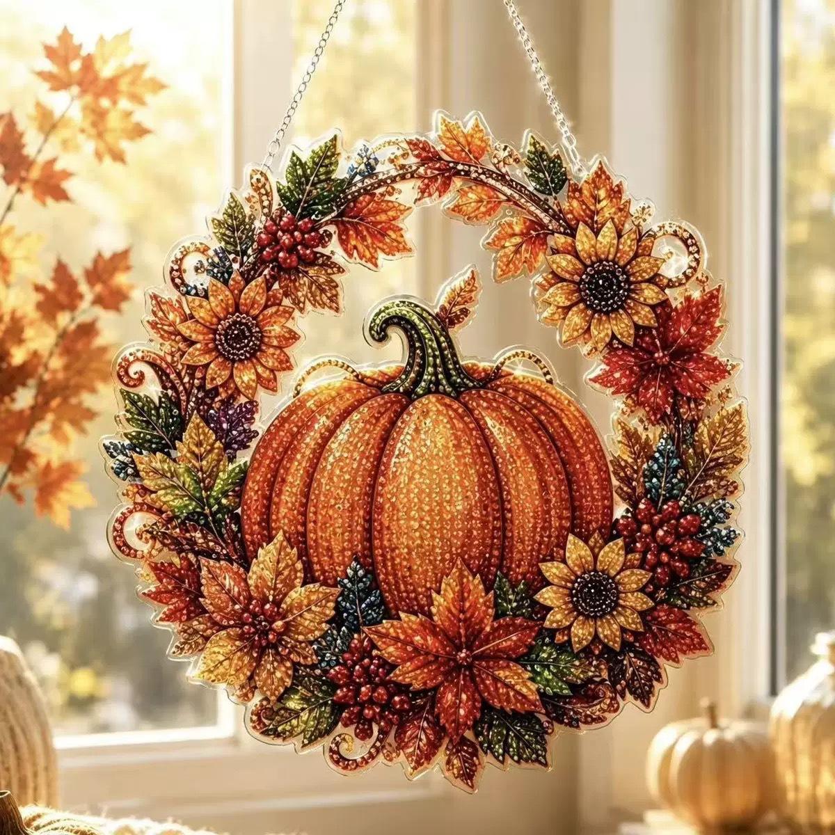 Resin Art With Flowers - Halloween Pumpkins Diamond Art Hanging Ornament